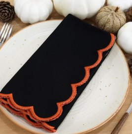 Solid Napkins with Scalloped Edge — Black(Edges - Orange)