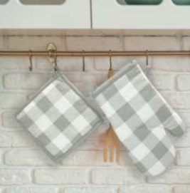 Pot Holder + Oven Mitts · Buffalo Checked — Grey/White