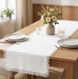 Waffle Table Runner · Fringes — White