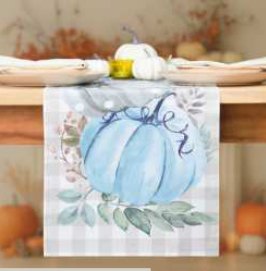Fall Pumpkin Printed Table Runner — Pumpkin Stack Plaid Blue