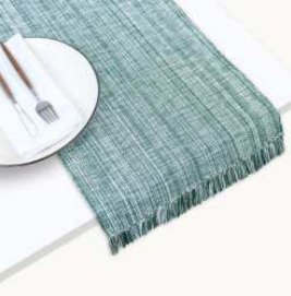 Ribbed Chambray Table Runner — Forest Green / White