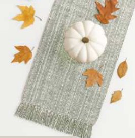 Ribbed Chambray Table Runner — Olive Green And H. White